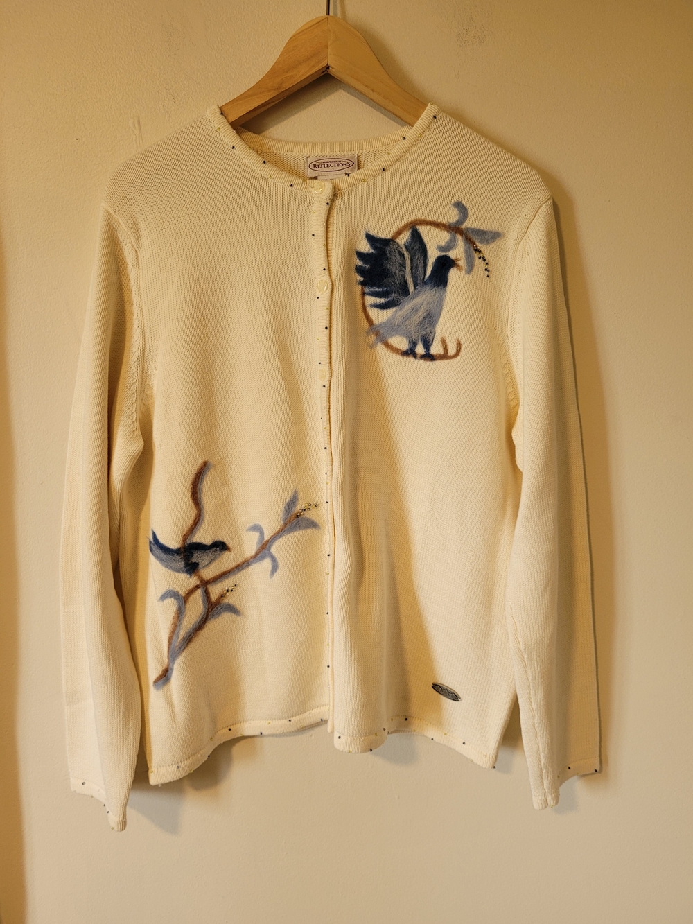Women's Cream Bird-Embroidered Cardigan Sweater